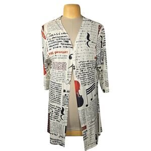 Lily by Firmiana Women 2X Music Cardigan Open Front VIolin Lightweight AOP Artsy
